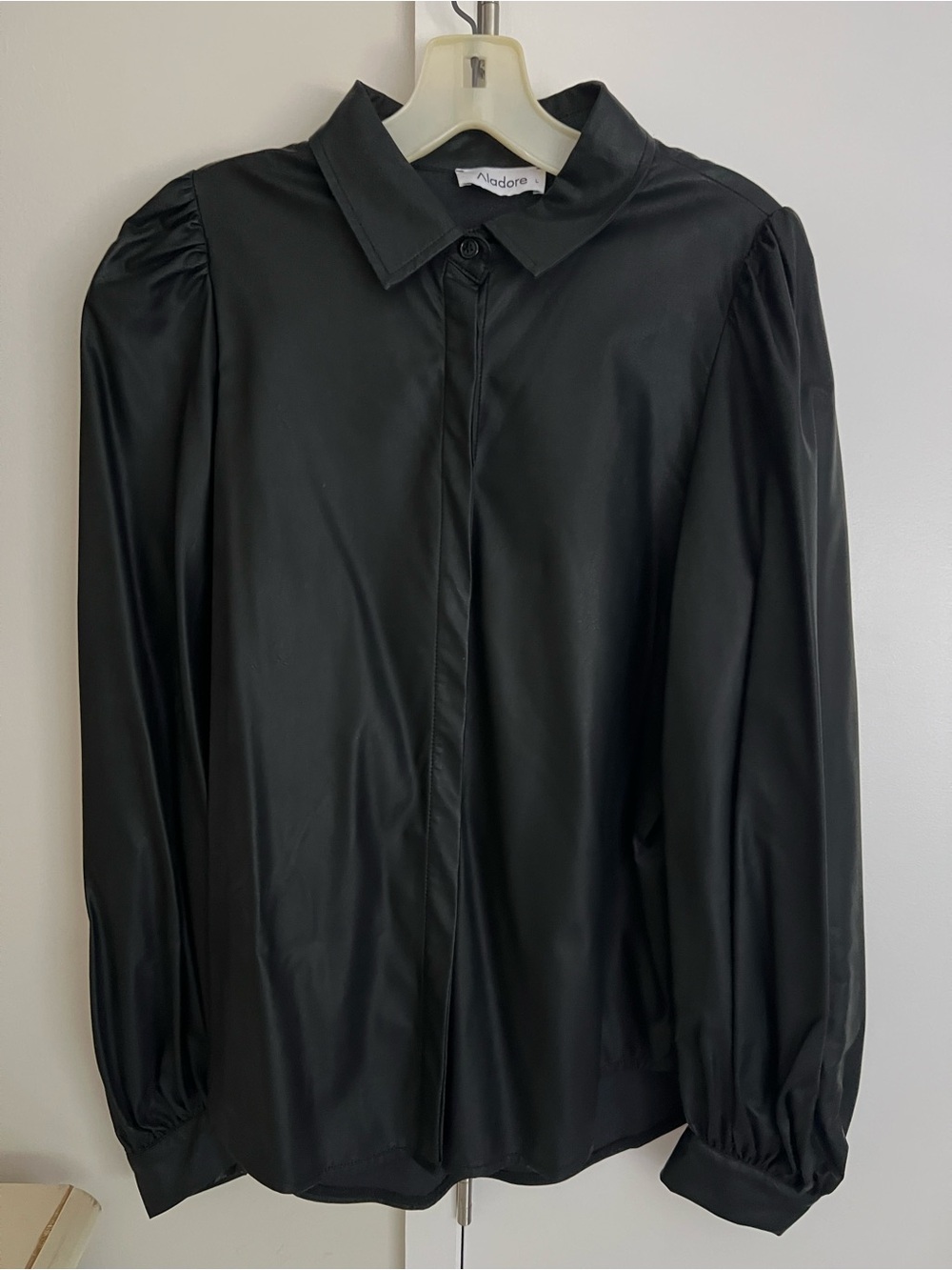 Black Long-Sleeve Button-Down Shirt jacket faux leather with Puff Shoulders and